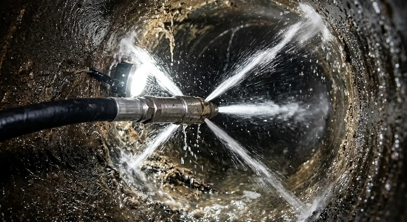 High-pressure hydro jetting nozzle cleaning sewer pipe for Trenchless Sewer Repair in Silver Springs Shores