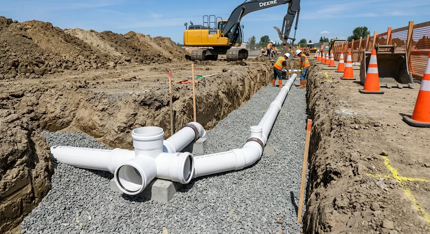 New PVC sewer pipe installation in open trench for Sewer Backup in Silver Springs Shores