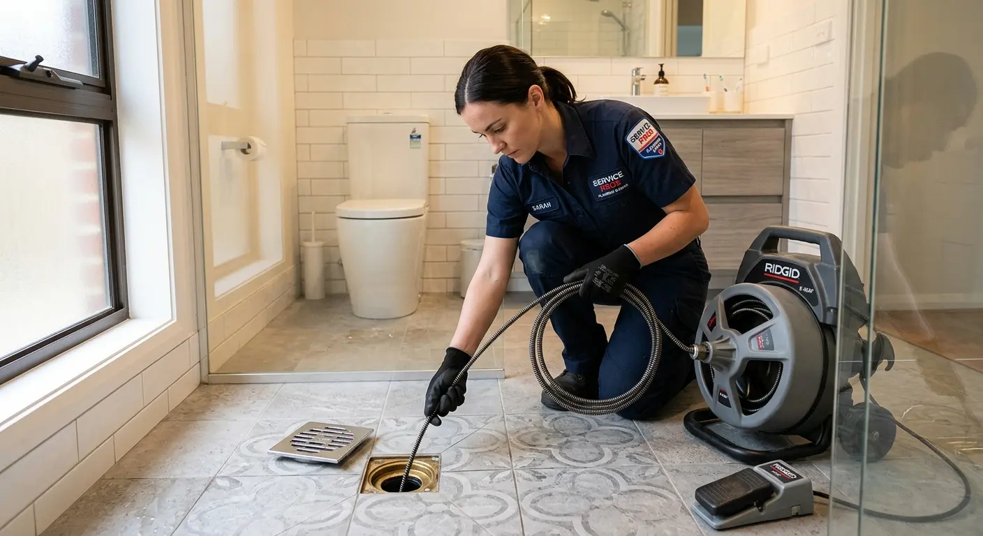 Technician clearing a bathroom floor drain for Drain Cleaning in Silver Springs Shores